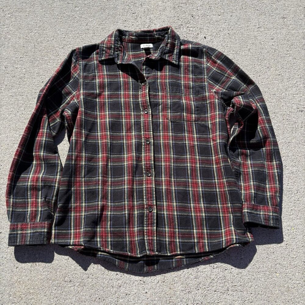 LL Bean Blue Red Green Plaid Flannel Button Down Shirt Med Reg Cotton